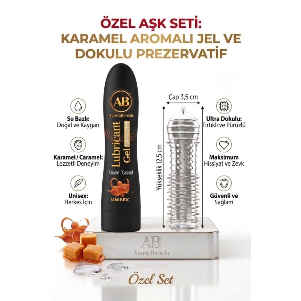 125 ML Karamel Aromalı Kayganlaştırıcı Jel Şeffaf Tırtıklı Prezervatif 2 li Özel Paket
