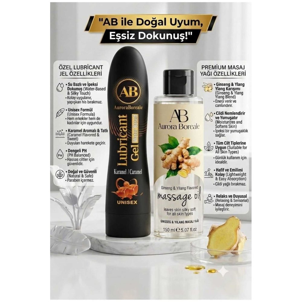 125 ML Premium Karamelli Kayganlaştırıcı Lubricant Jel 150 ML Gingseng Kokulu Masaj Jeli 2 li Set