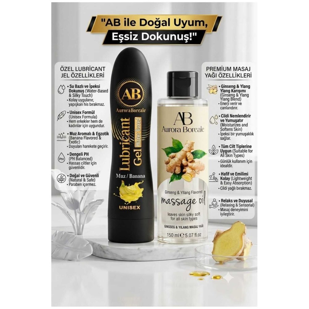 125 ML Premium Muz Aromalı Kayganlaştırıcı Lubricant Jel 150 ML Gingseng Kokulu Masaj Jeli 2 li Set