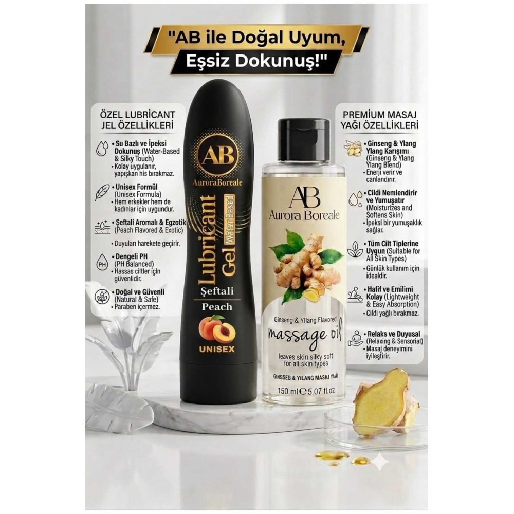 125 ML Premium Şeftali Aromalı Kayganlaştırıcı Lubricant Jel 150 ML Gingseng Kokulu Masaj Jeli 2 li Set