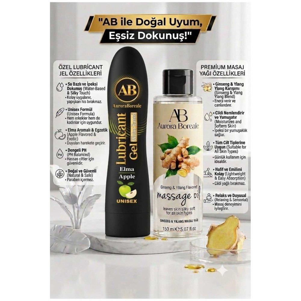 125 ML Premium Yeşil Elmalı Kayganlaştırıcı Lubricant Jel 150 ML Gingseng Kokulu Masaj Jeli 2 li Set