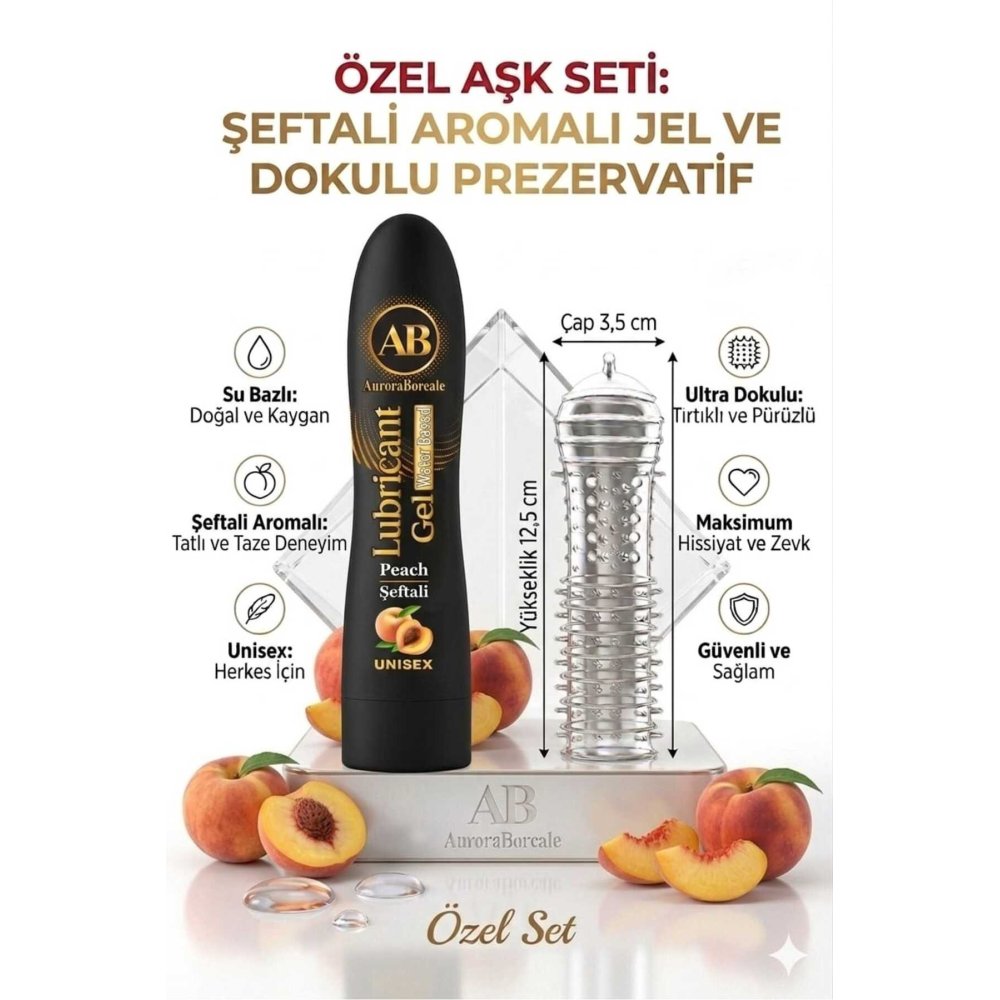 125 ML Şeftali Aromalı Kayganlaştırıcı Jel Şeffaf Tırtıklı Prezervatif 2 li Özel Paket