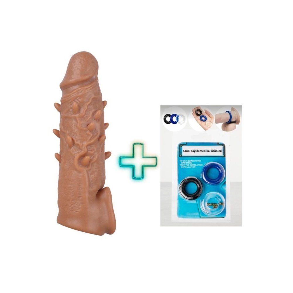 16 cm uzunlukta Testis halkalı Tırtıklı Realistik penis kılıfı ve 3 lü Penis Halkası