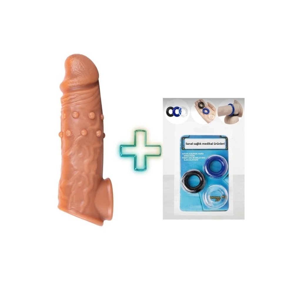 16 cm uzunlukta Testis halkalı Tırtıklı silikon penis kılıfı ve 3 lü Penis Halkası