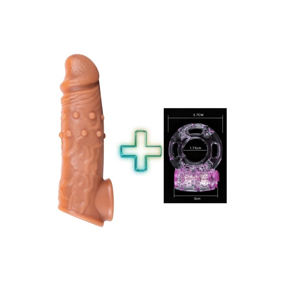 16 cm uzunlukta Tırtıklı silikon penis kılıfı ve Titreşimli Penis Halkası
