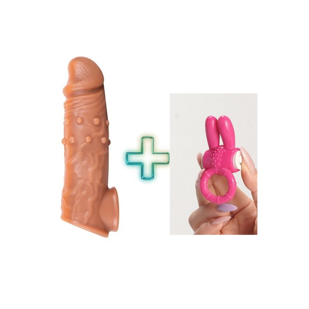 16 cm uzunlukta Tırtıklı ve Testis halkalı silikon penis kılıfı ve Pembe Penis Halkası