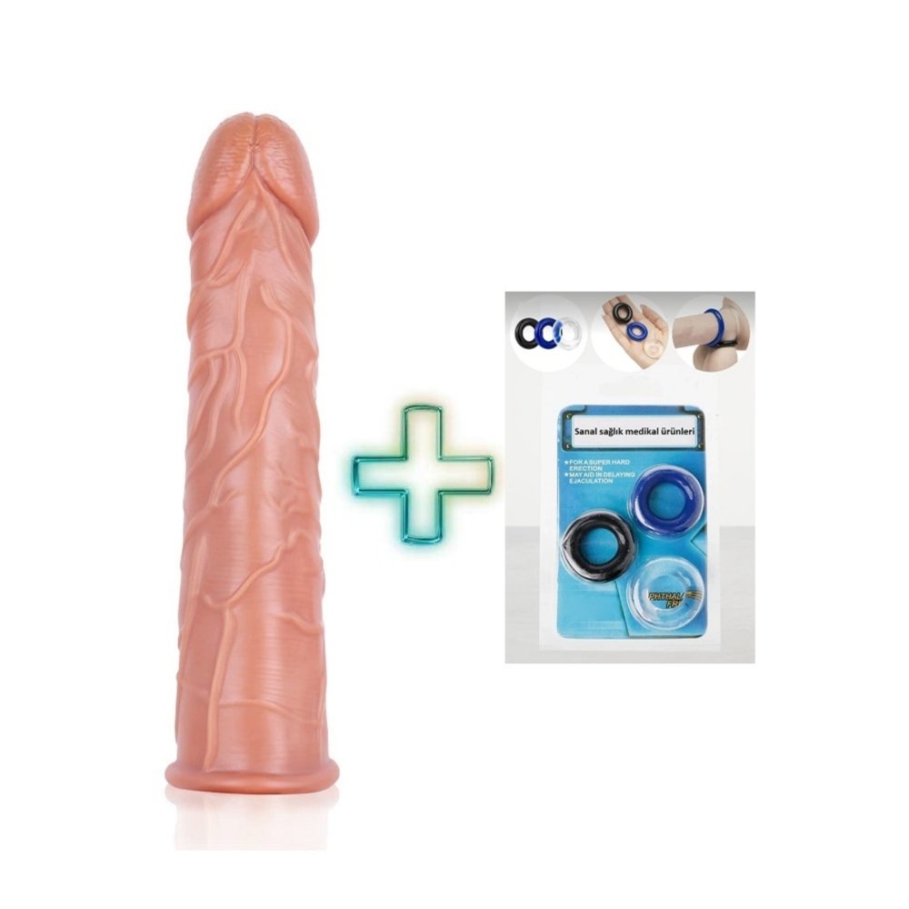18 cm boyunda Damarlı Esnek silikon penis kılıfı ve 3 lü Penis Halkası