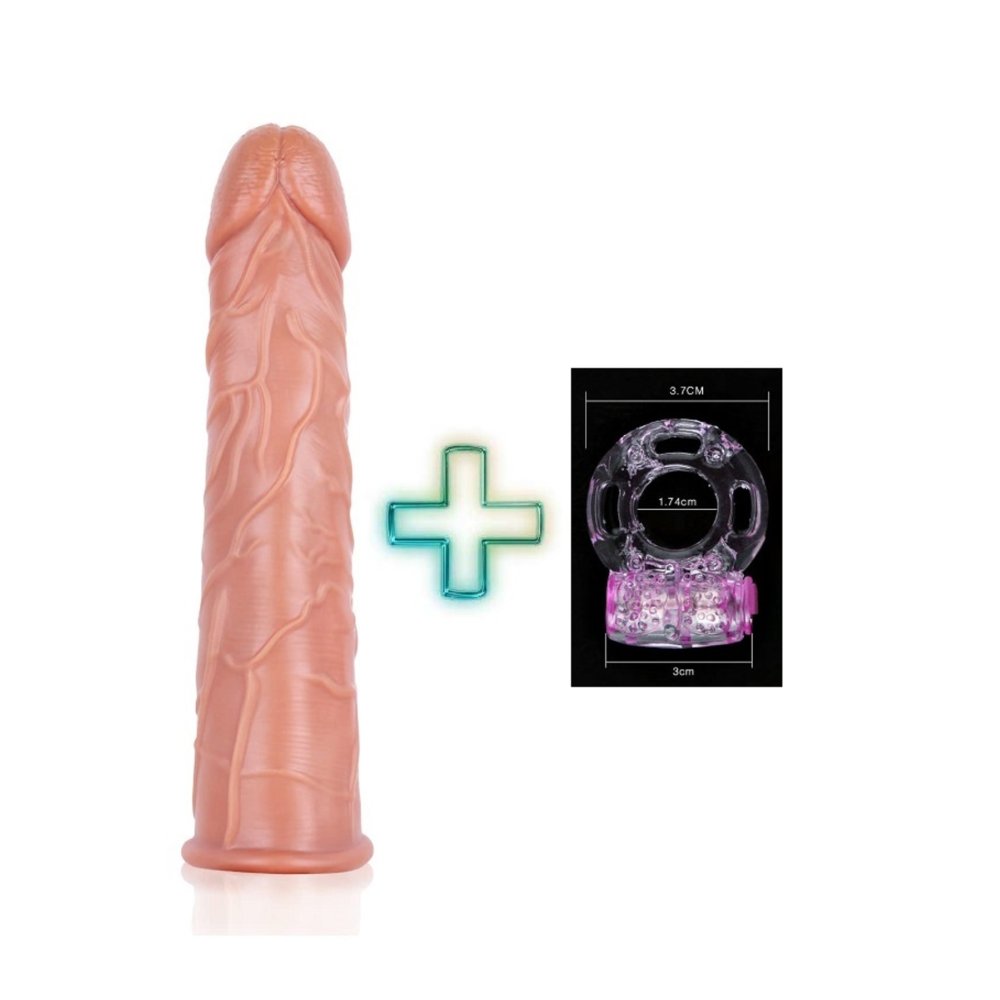 18 cm boyunda Damarlı Esnek silikon penis kılıfı ve Titreşimli Penis Halkası