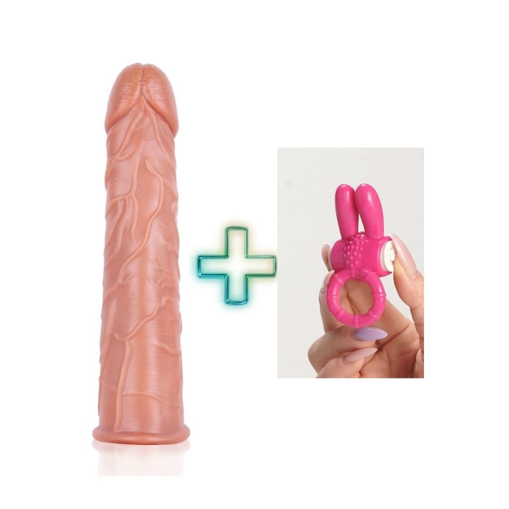 18 cm uzunlukta damarlı Ultra Lüks silikon penis kılıfı ve Pembe Penis Halkası