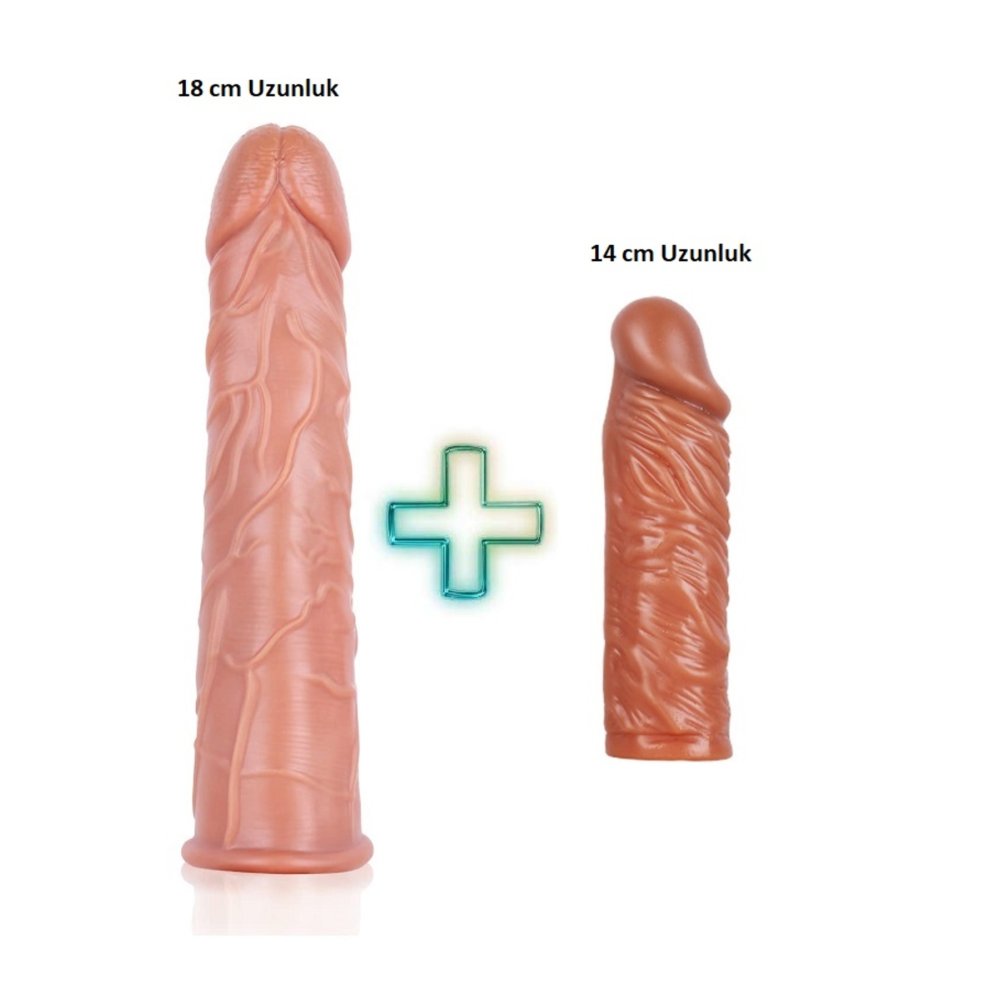 18 cm ve 14 cm Boyunda Damarlı Ultra Esnek Kaliteli 2 li Silikon penis kılıfı Seti