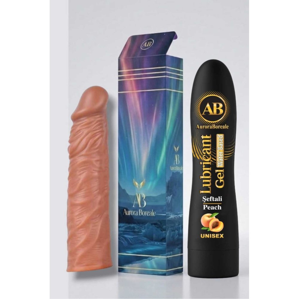 19 Cm Penis Kılıf Oyuncak Dildo Kılıfı Premium Şeftali Aromalı Kayganlaştırıcı Jel Set