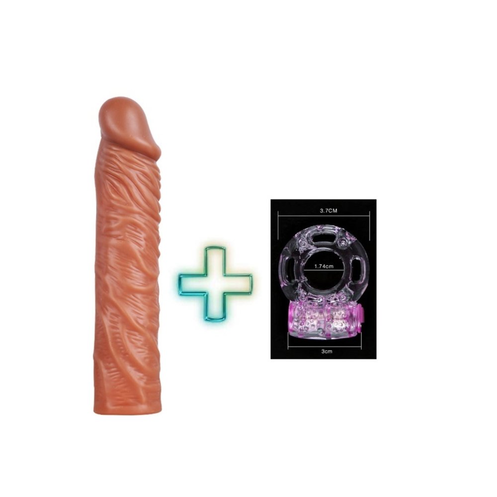 19 cm uzunlukta damarlı Esnek Realistik penis kılıfı ve Titreşimli Penis Halkası