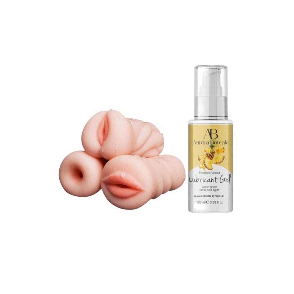 3 Adet Yapay Vajina Oral Anal Mastürbatör Realistik 100 ML Ananaslı Kayganlaştırıcı Seti