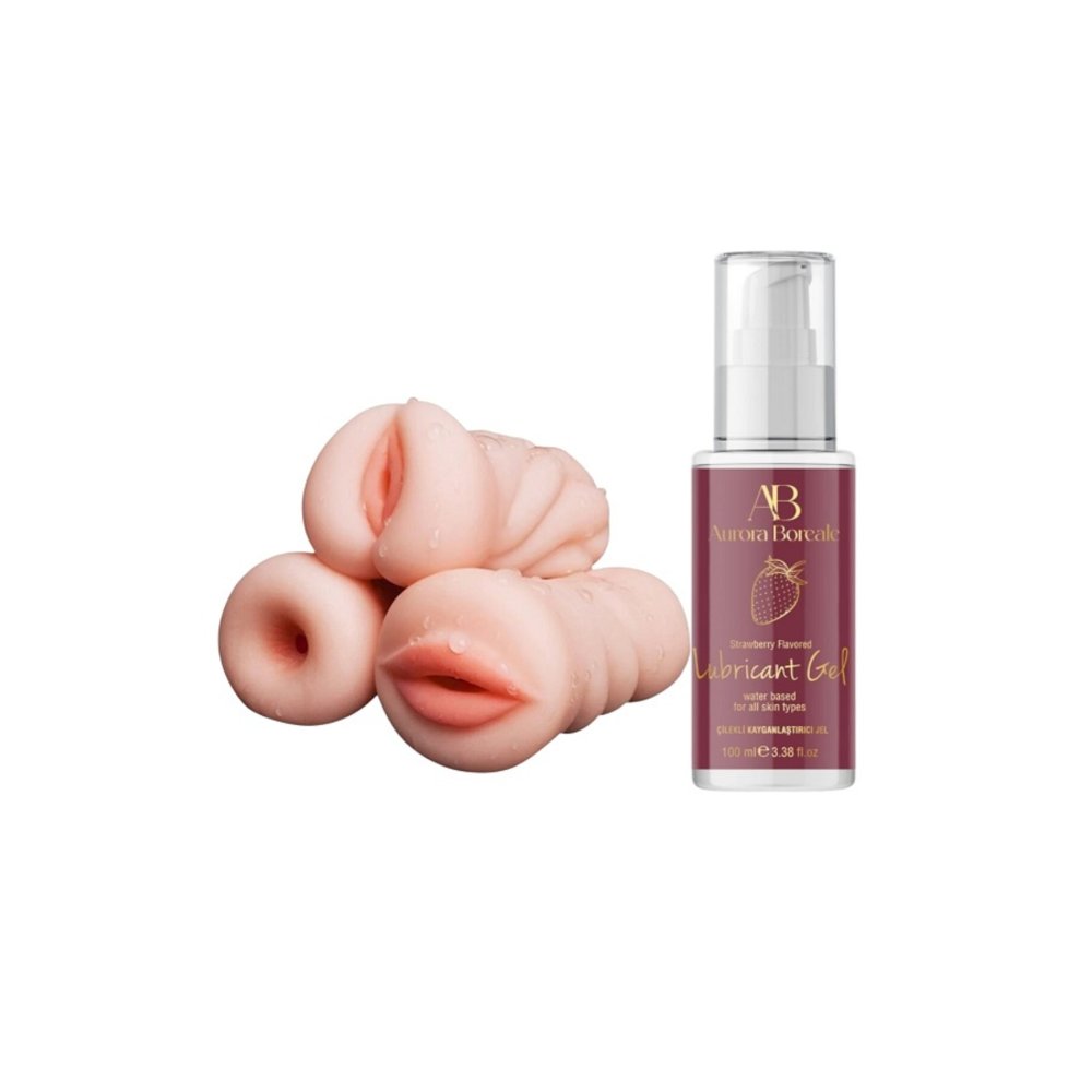 3 Adet Yapay Vajina Oral Anal Mastürbatör Realistik 100 ML Çilekli Kayganlaştırıcı Seti