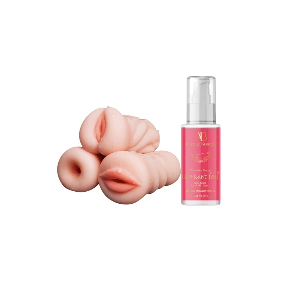 3 Adet Yapay Vajina Oral Anal Mastürbatör Realistik 100 ML Karpuzlu Kayganlaştırıcı Seti