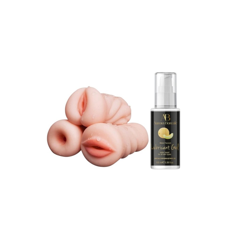 3 Adet Yapay Vajina Oral Anal Mastürbatör Realistik 100 ML Kavunlu Kayganlaştırıcı Seti