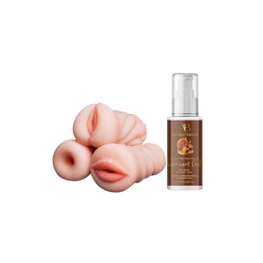 3 Adet Yapay Vajina Oral Anal Mastürbatör Realistik 100 ML Karamelli Kayganlaştırıcı Seti