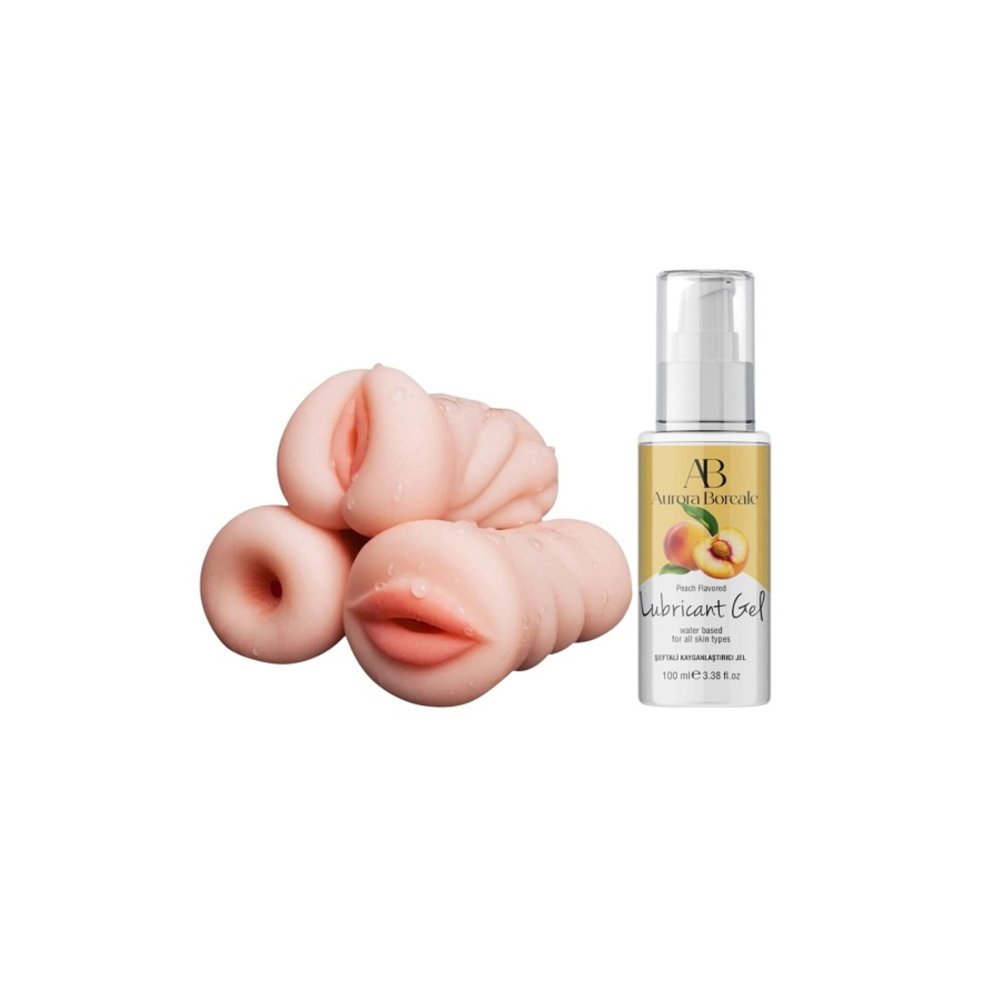 3 Adet Yapay Vajina Oral Anal Mastürbatör Realistik 100 ML Şeftali Kayganlaştırıcı Seti