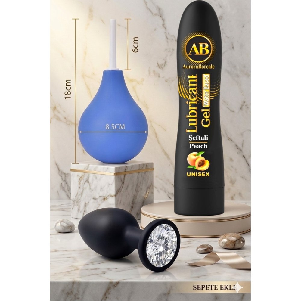 A Plus Anal Tıkaç Plug Temizleme Pompası Şeftali Aromalı Kayganlaştırıcı 3 lü Anal Oyuncak Set