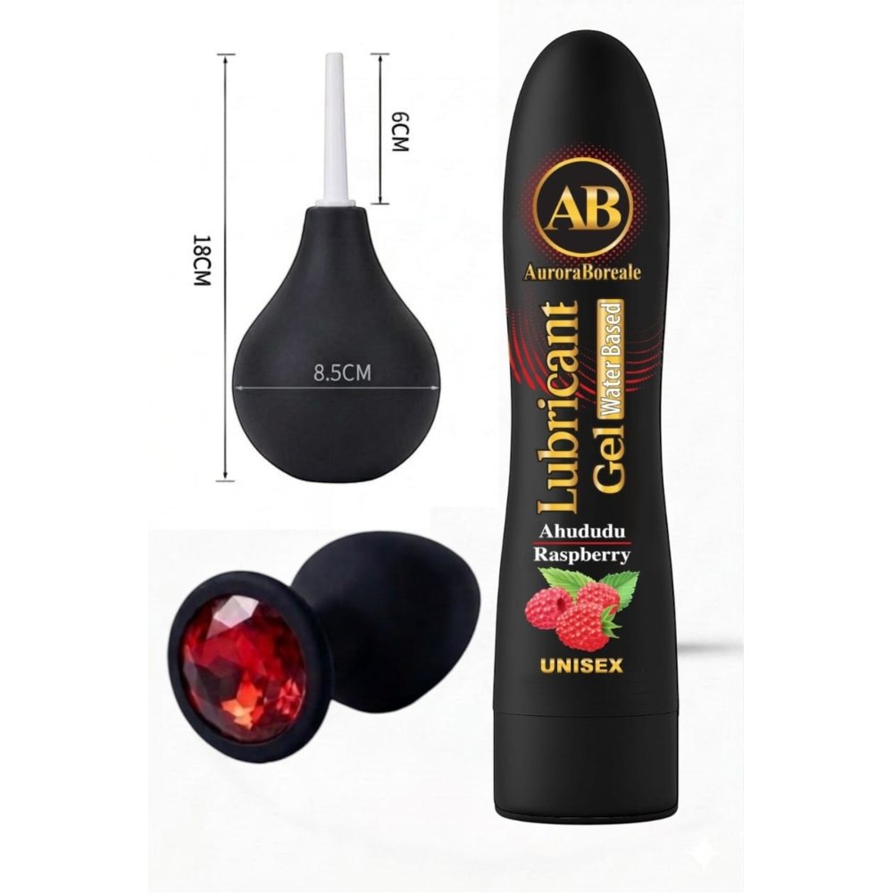 Ahududu Aromalı Kayganlaştırıcı Jel Temizleme Pompası Kırmızı Taşlı Aksesuar 3 lü Set