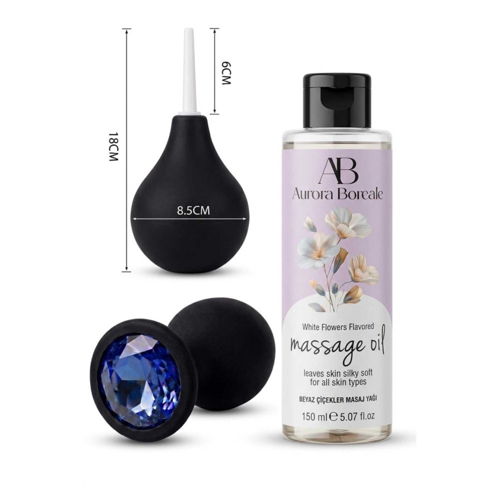 Anal Tıkaç Anal Temizleme Pompası Beyaz Çiçekler 150 ML Masaj Yağı Jel 3 lü Ekonomik Set
