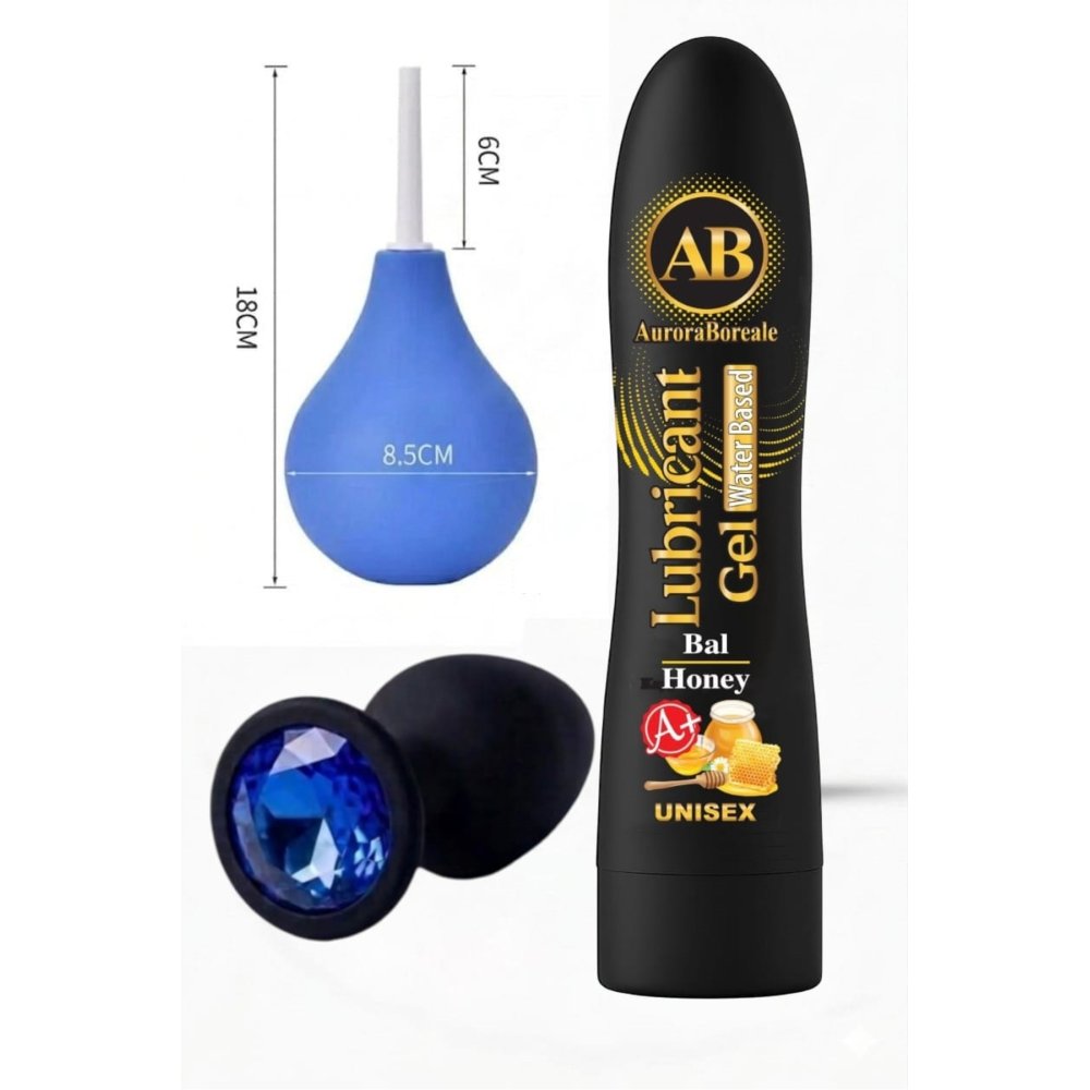 Ballı Premium Kayganlaştırıcı Jel Temizleme Pompası Mavi Taşlı Aksesuar 3 lü Set