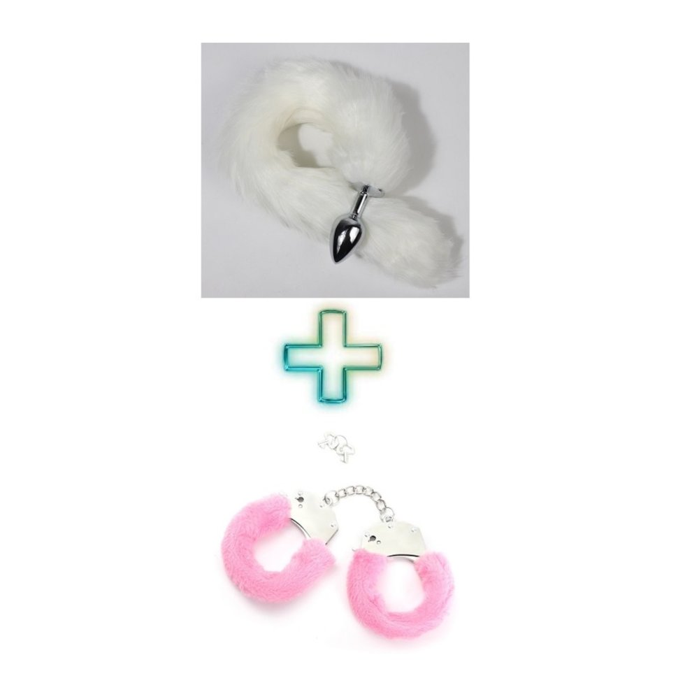 Beyaz Kuyruklu Metal Anal Plug Tıkaç Anal Tıpa 7 cm Pembe kelepçe Seti