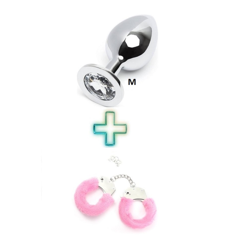 Beyaz Metal Anal Plug ve Anal Tıkaç Medium Modeli Pembe Kelepçe Seti