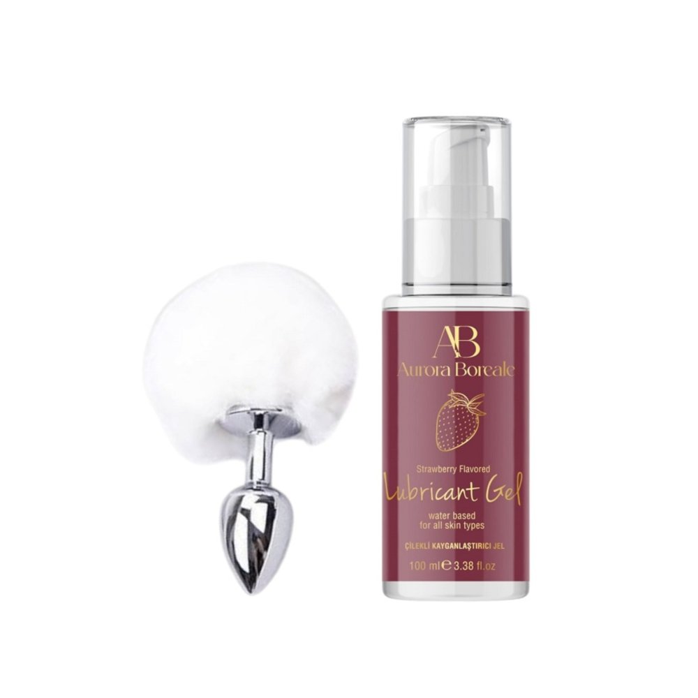 Beyaz Ponpon Anal Plug 100 Ml Çilekli Kayganlaştırıcı Jel