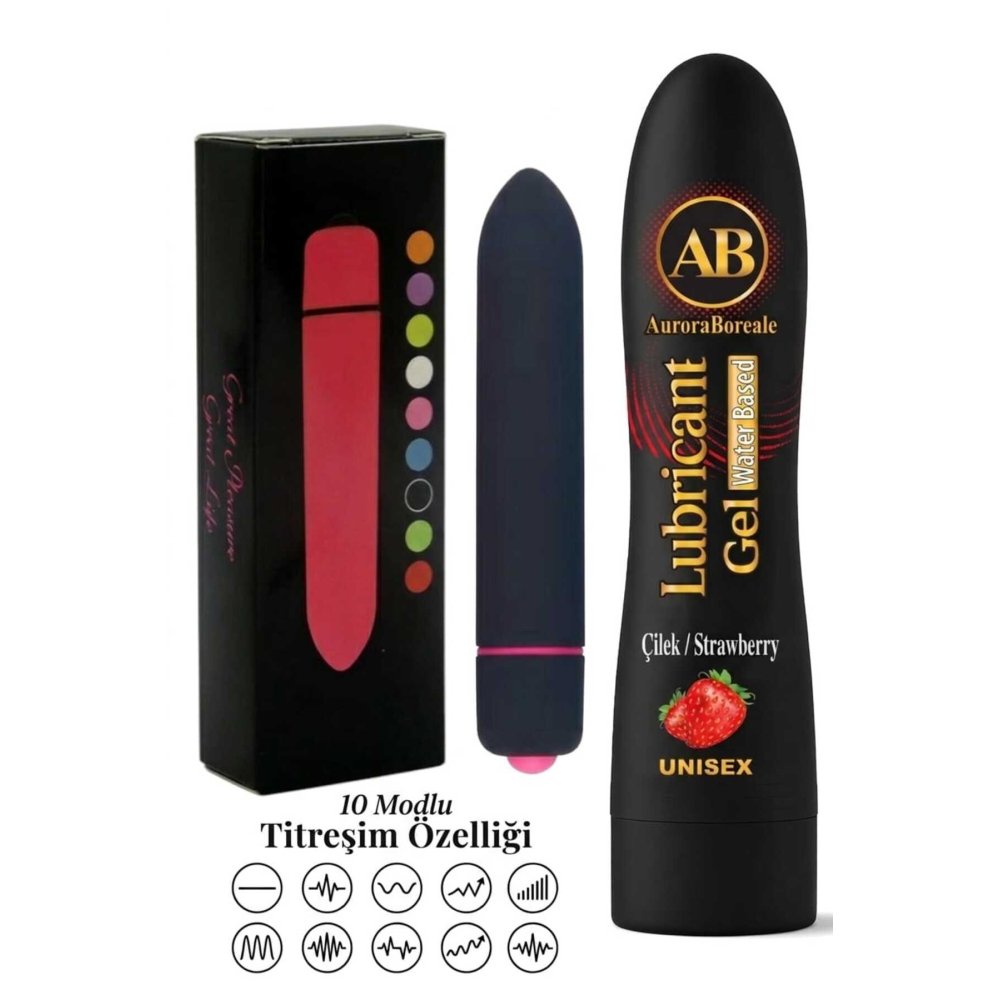 Büyük Boy 125 ML Çilekli Kayganlaştırıcı Jel 10 Titreşim Modlu Premium Aksesuar Set
