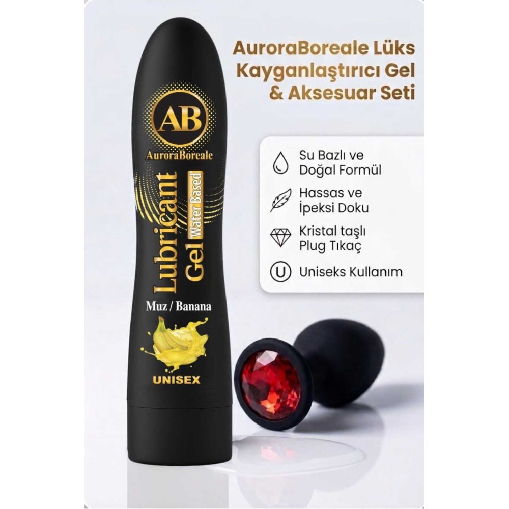 Büyük Boy 125 ML Premium Muzlu Kayganlaştırıcı Jel Kırmızı Taşlı Aksesuar 2 li Set