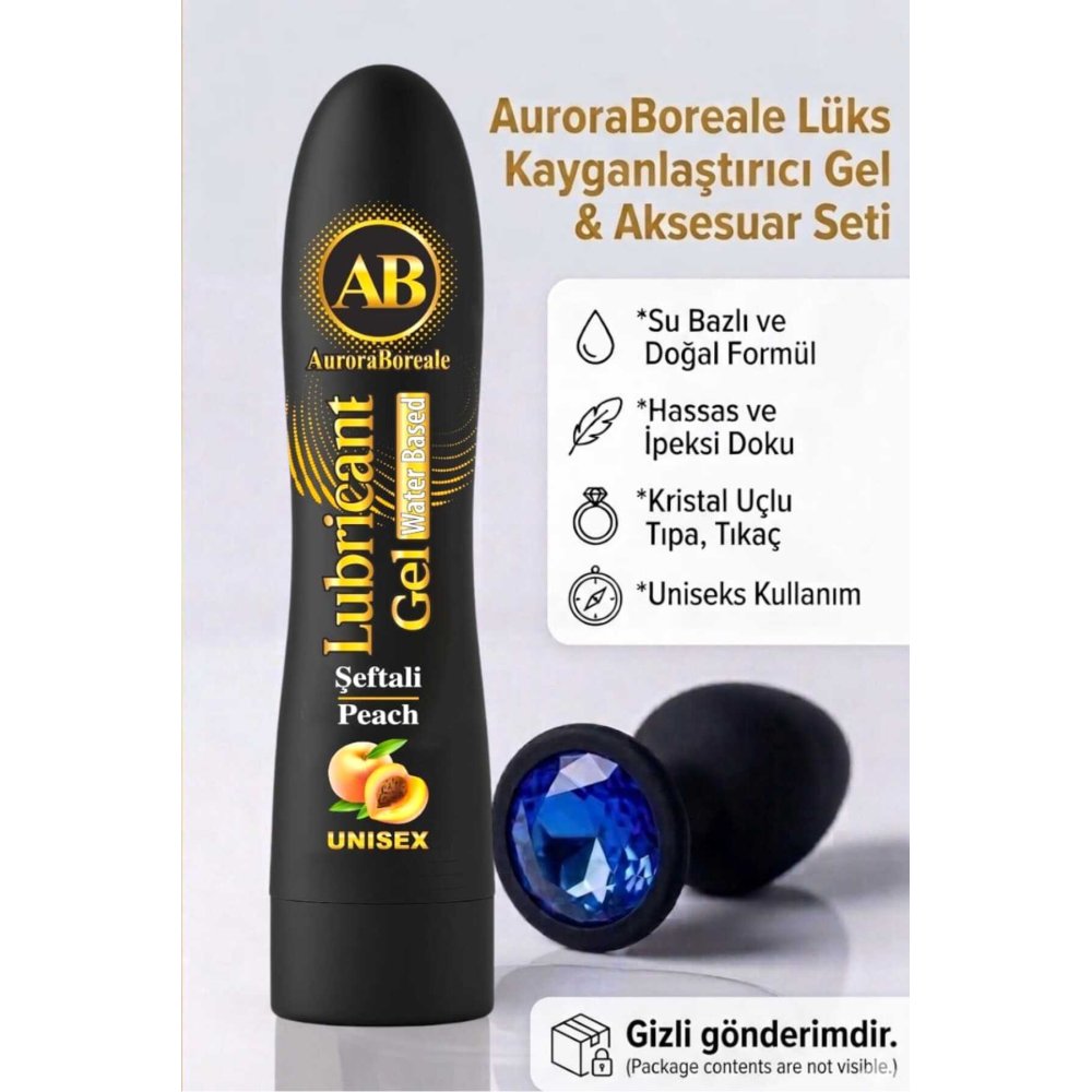 Büyük Boy 125 ML Premium Şeftali Aromalı Kayganlaştırıcı Jel Mavi Taşlı Aksesuar Set