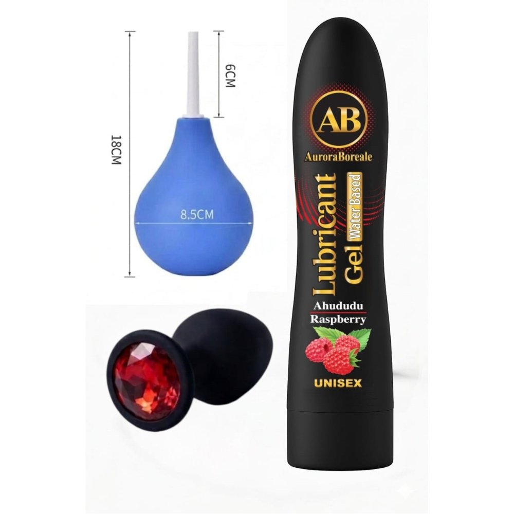 Büyük Boy Ahududu Aromalı Kayganlaştırıcı Jel Siyah Pompası Kırmızı Taşlı Aksesuar 3 lü Set