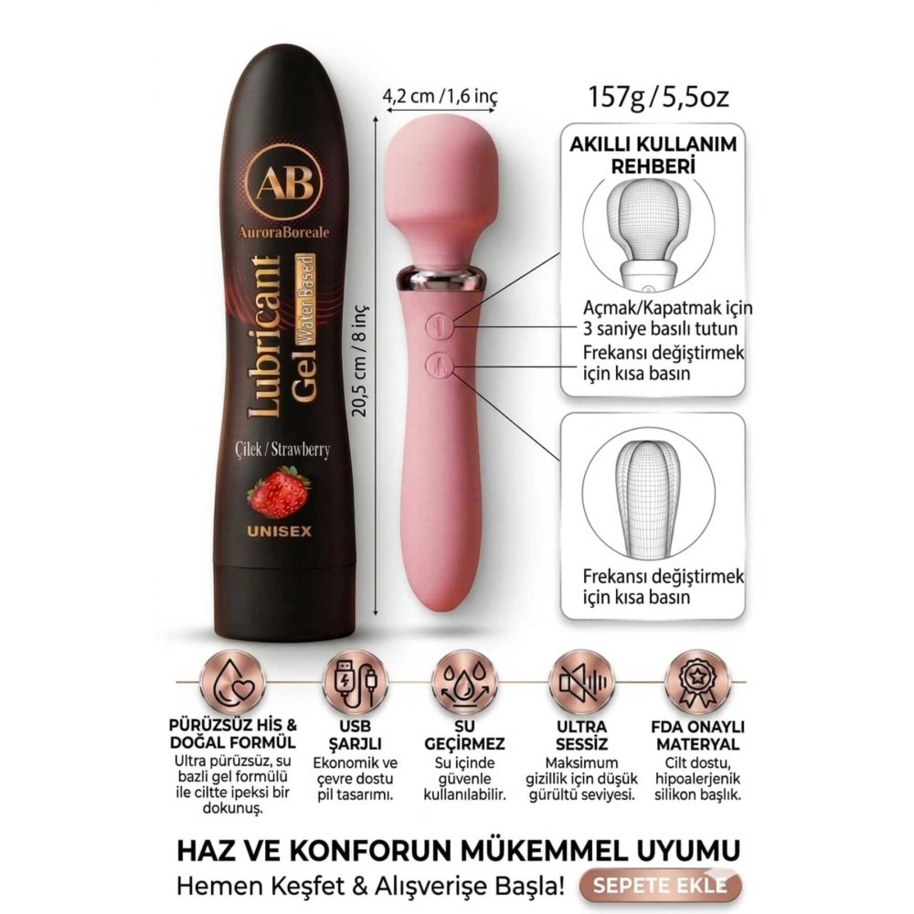 Büyük Boy Çilekli Kayganlaştırıcı Jel 10 Titreşim Modlu Masaj Aksesuar Set