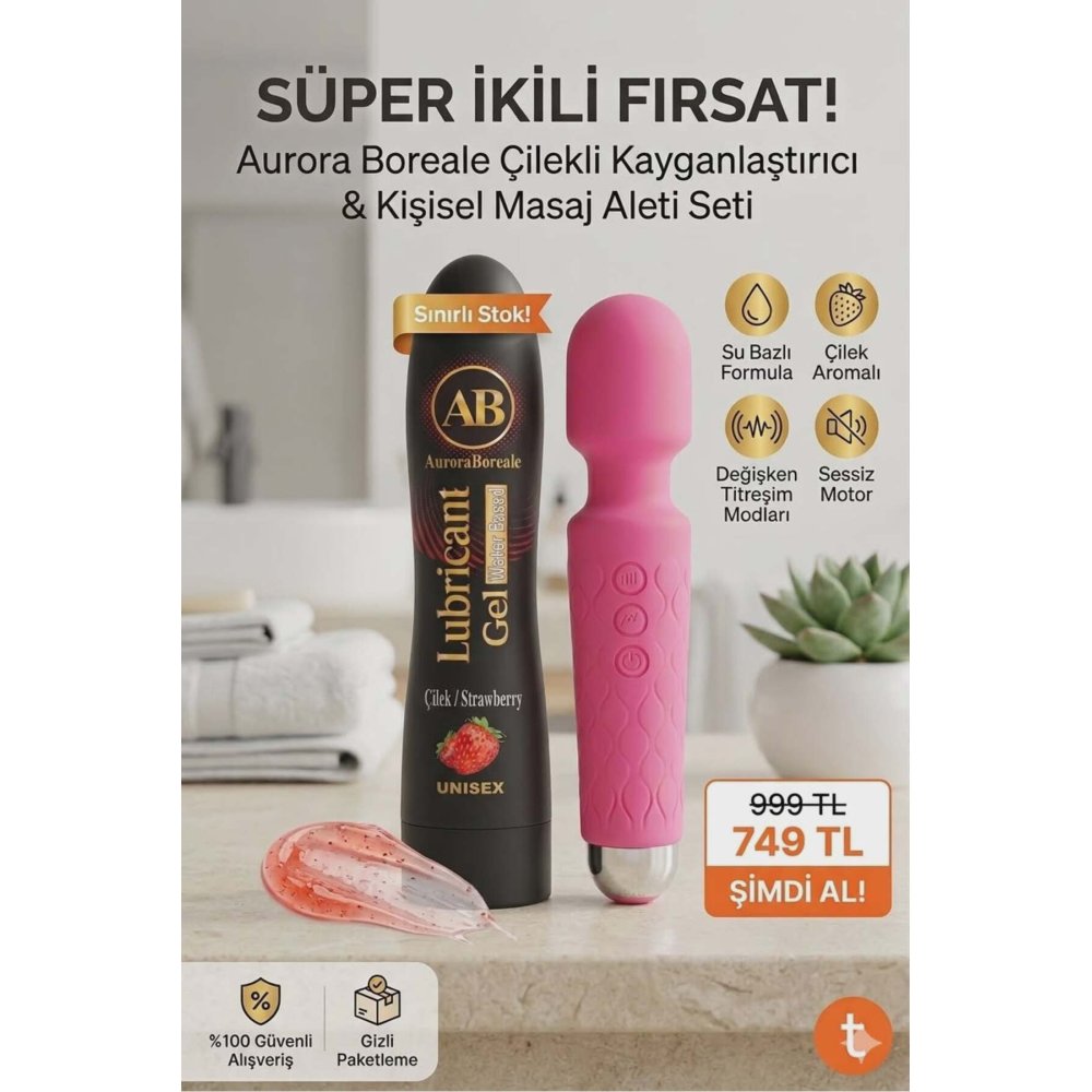 Büyük Boy Çilekli Kayganlaştırıcı Jel 20 Modlu Şarjlı Titreşimli Aksesuar Set