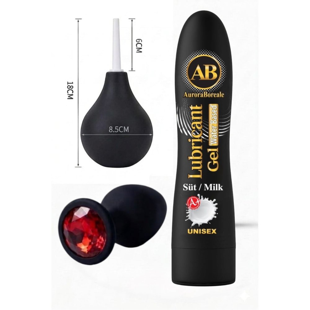 Büyük Boy Süt Aromalı Kayganlaştırıcı Jel Temizleme Pompası Kırmızı Taşlı Aksesuar 3 lü Set