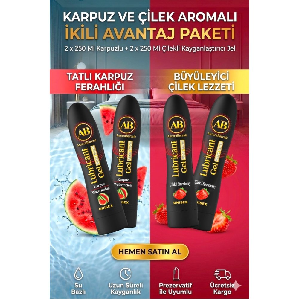 Çilek ve Karpuz 2 si 1 Arada Kayganlaştırıcı Jel Lubricant Gel 500 ML 4 lü Avantaj Paketi