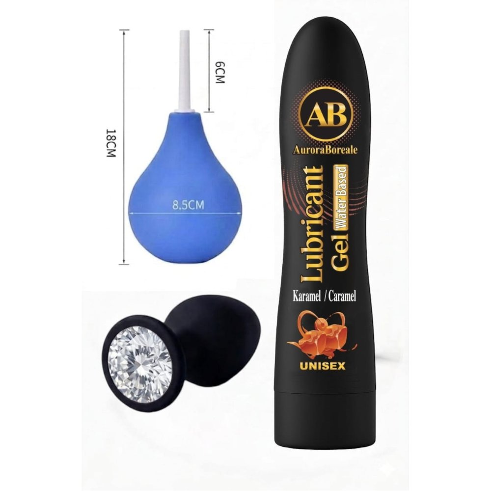 Karamelli Kayganlaştırıcı Jel Temizleme Pompası ve Beyaz Taşlı Anal Plug Üçlü Seti