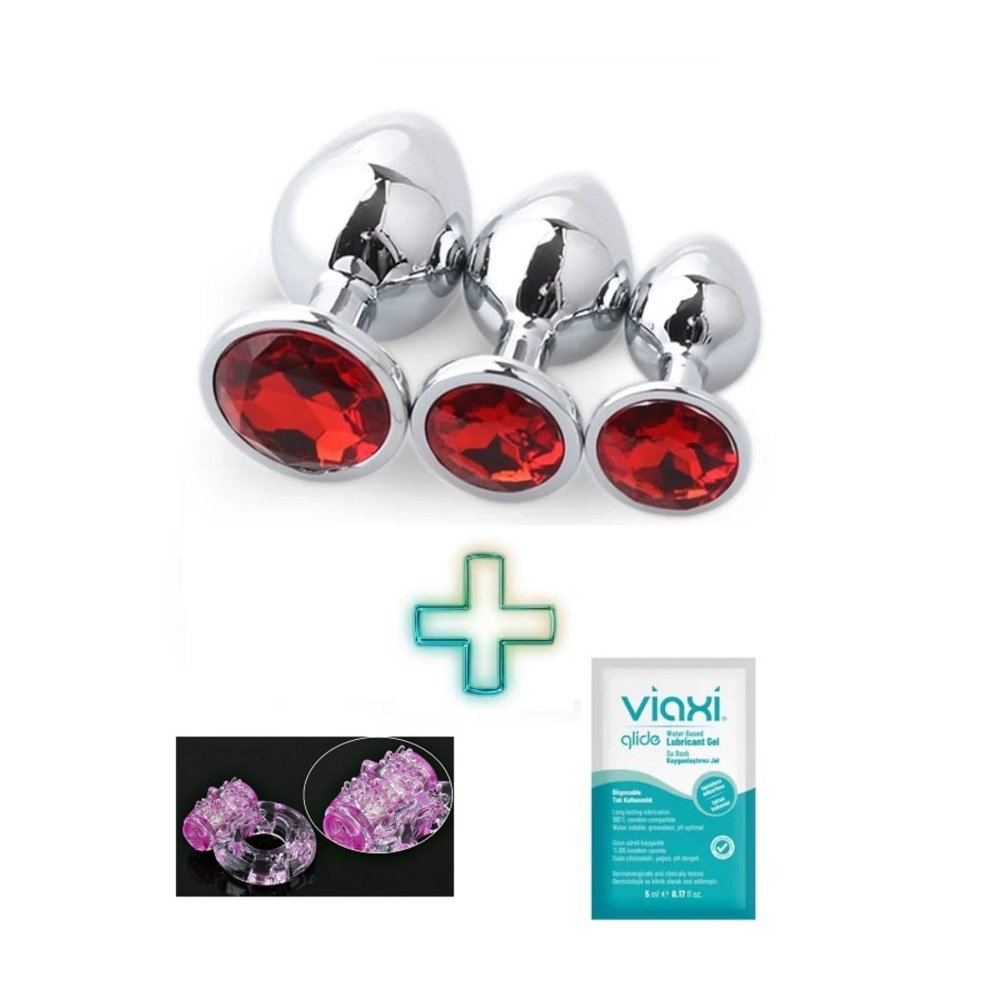 Kırmızı Metal Anal Plug Seti Small Medium Large Kayganlaştırıcı ve Penis Halkası Hediyeli