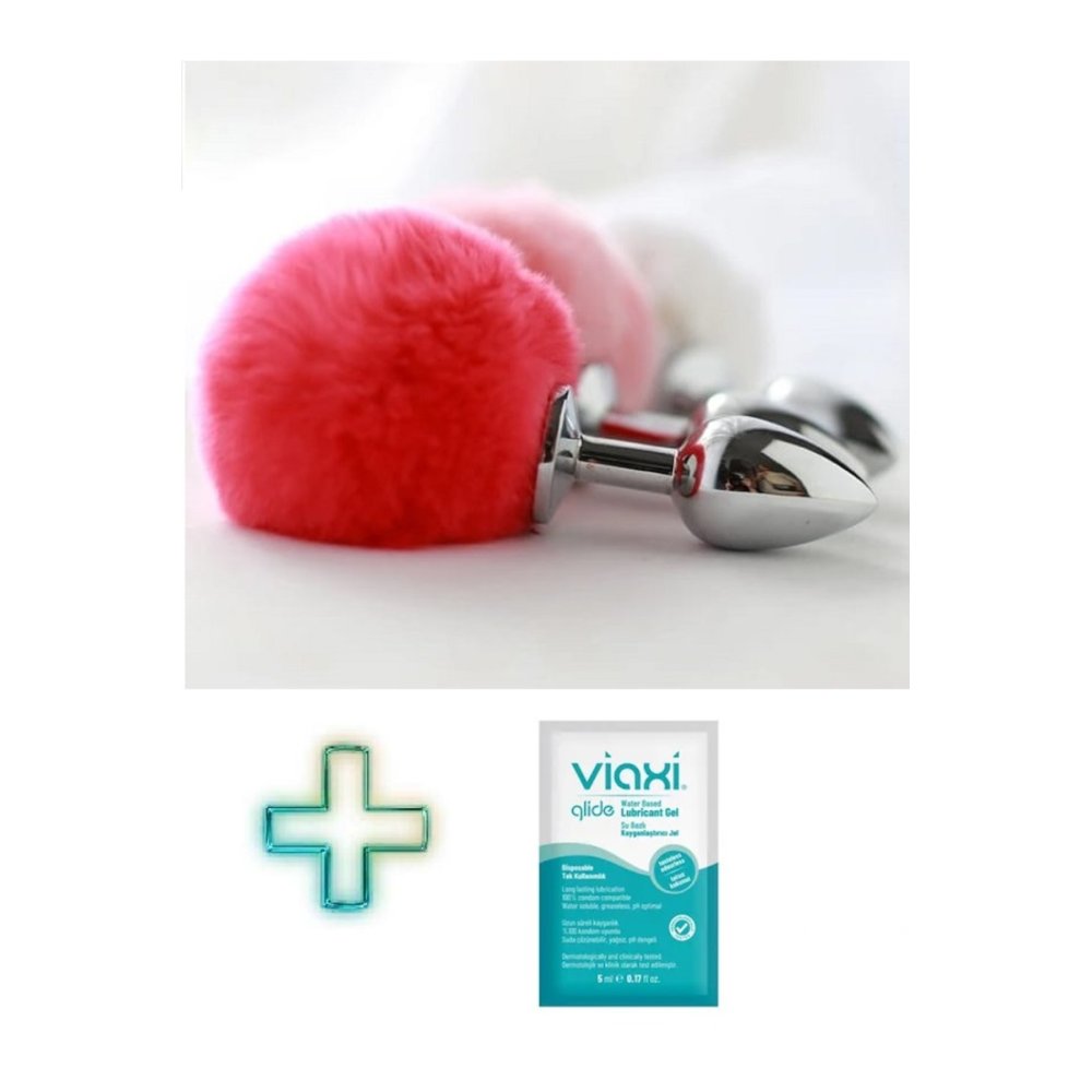 Kırmızı Metal Anal Plug Tıkaç Ponpon Kuyruklu 7 Cm