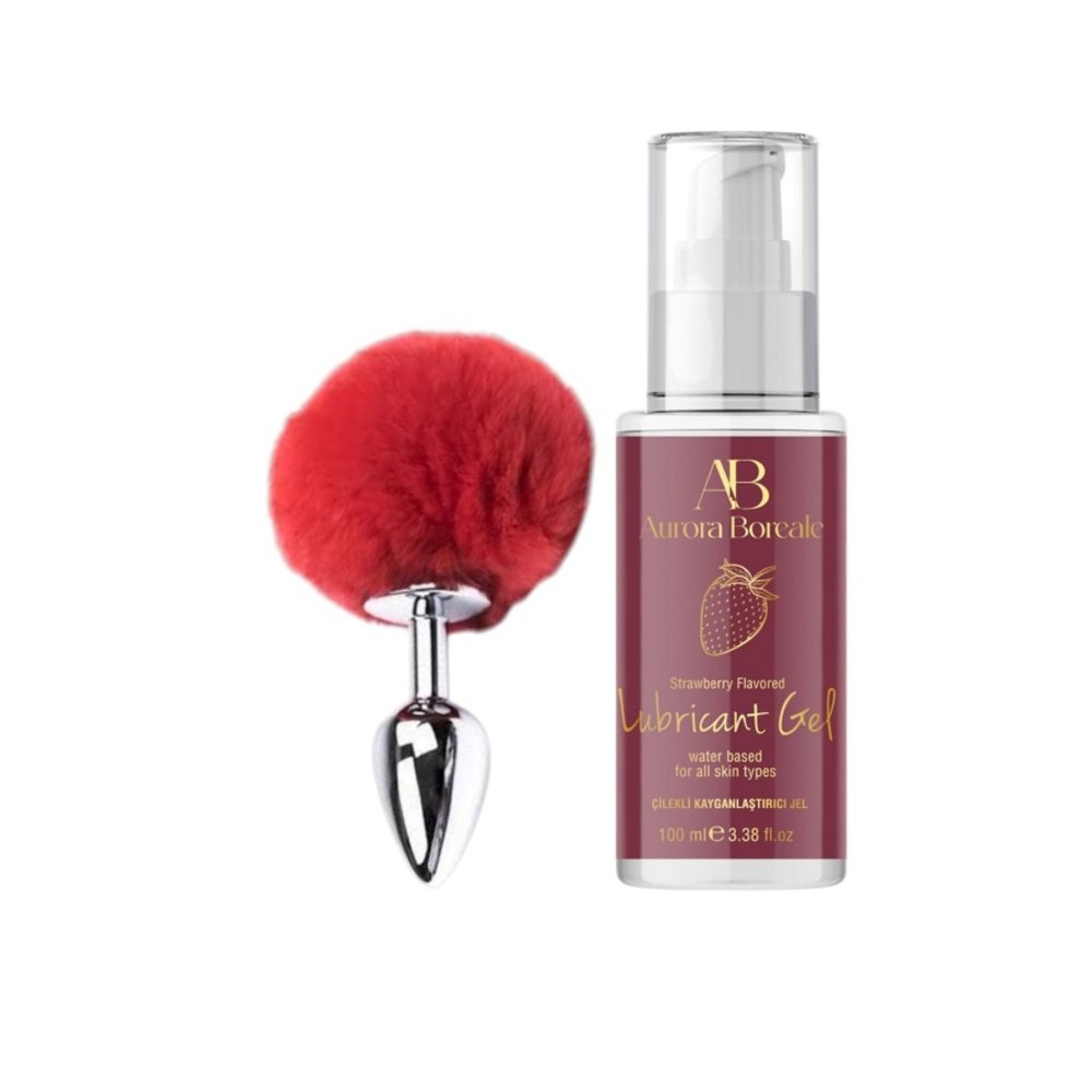 Kırmızı Ponpon Anal Plug 100 ML Çilekli Kayganlaştırıcı jel