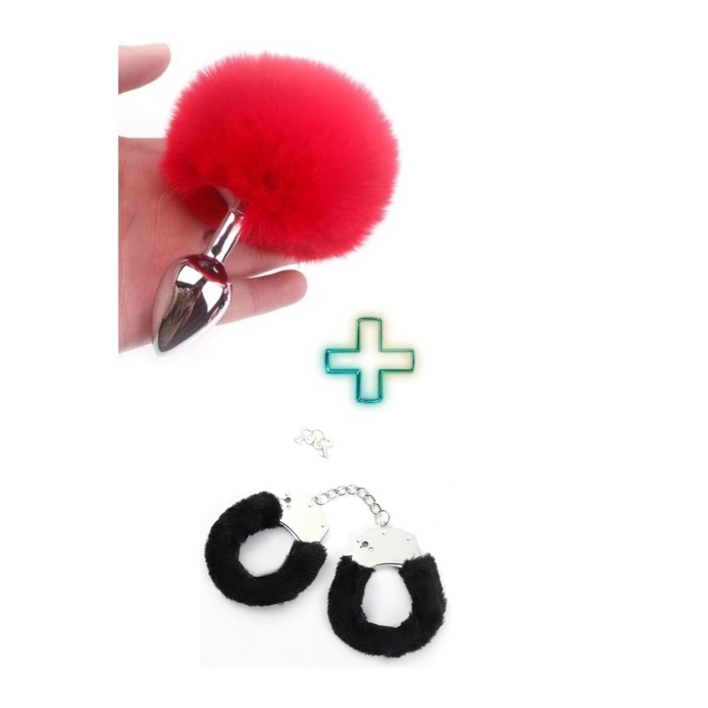 Kırmızı Ponpon Kuyruklu Anal Plug Tıpa ve Siyah Peluşlu Kelepçe