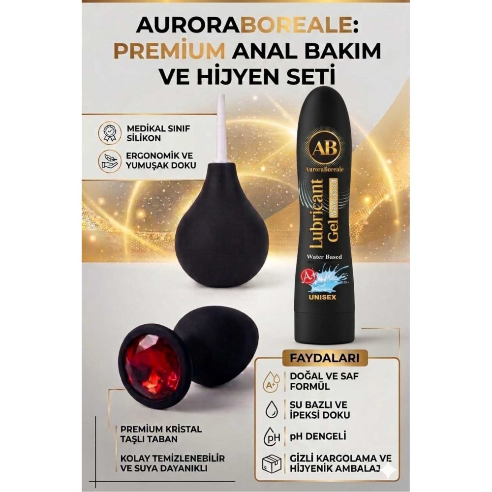 Kırmızı Taşlı Anal Tıkaç Plug Temizleme Pompası A+ Plus Kayganlaştırıcı 3 lü Anal Oyuncak Set