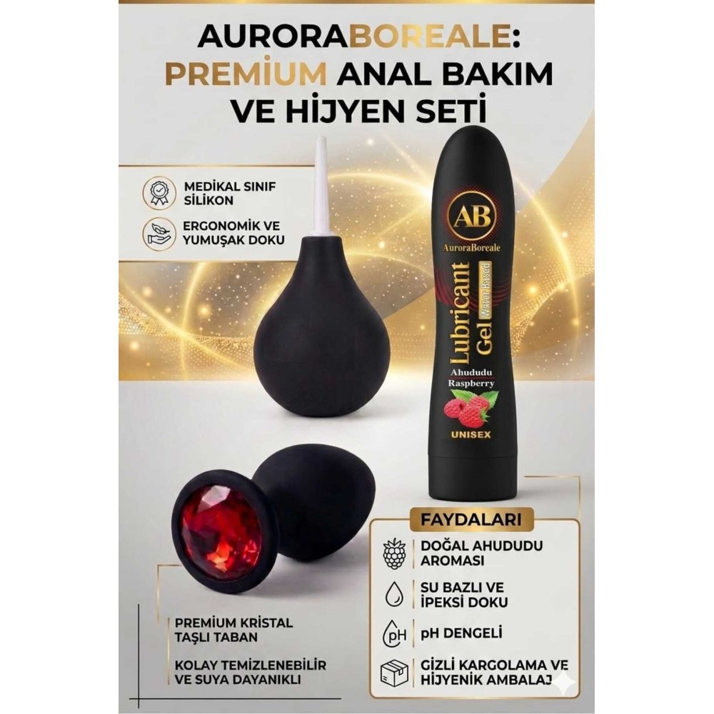 Kırmızı Taşlı Anal Tıkaç Temizleme Pompası Ahududu Aromalı Kayganlaştırıcı Anal Oyuncak Set