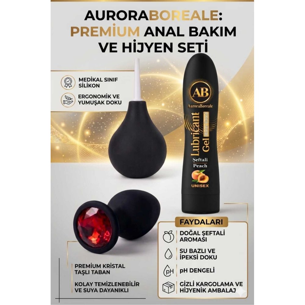 Kırmızı Taşlı Anal Tıkaç Temizleme Pompası Şeftali Aromalı Kayganlaştırıcı Anal Oyuncak Set
