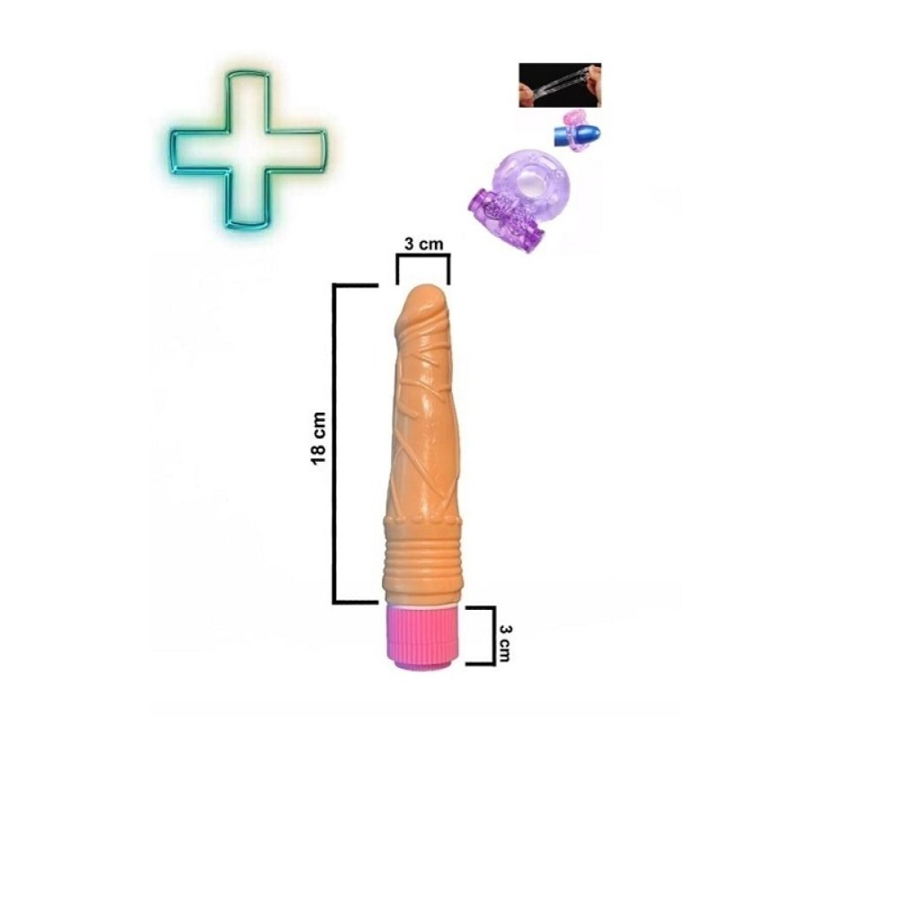 Klasik Alttan Titreşimli 18 cm Esnek Vibratör +Titreşimli Penis Yüzüğü