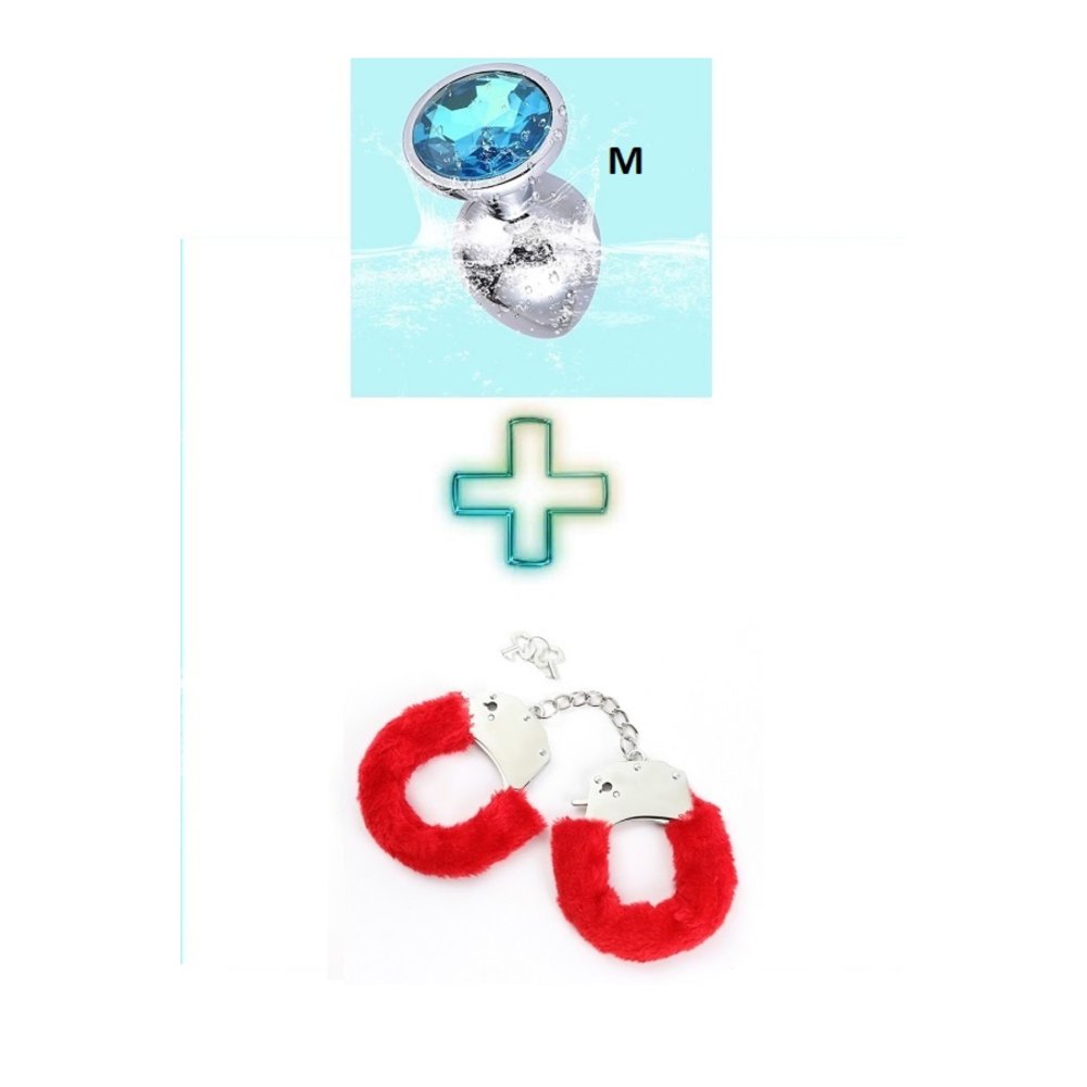 Mavi Metal Anal Plug ve Anal Tıkaç M Beden Kırmızı Kelepçe Seti