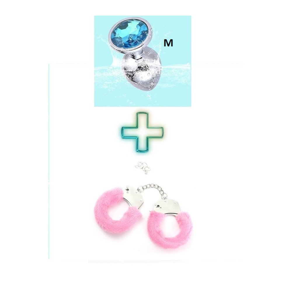 Mavi Metal Anal Plug ve Anal Tıkaç M Beden Pembe Kelepçe Seti