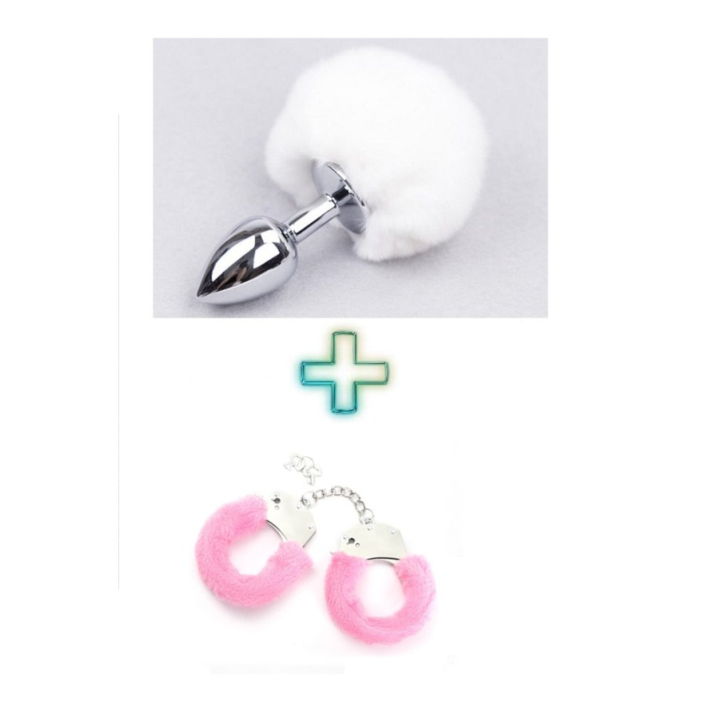 Metal Beyaz Ponpon Kuyruklu Anal Plug ve Pembe Peluşlu Kelepçe