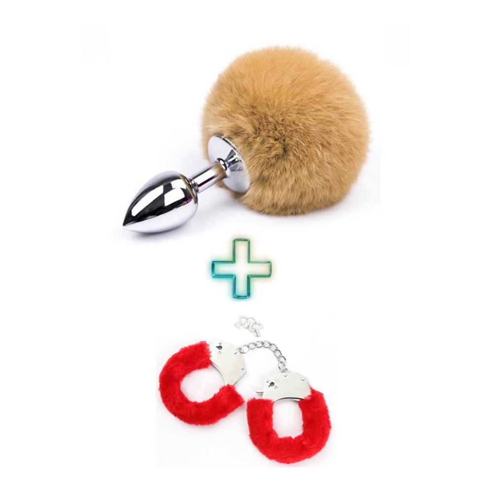 Metal Kahverengi Ponpon Kuyruklu Anal Plug ve Kırmızı Peluşlu Kelepçe (KLV-ANK12)